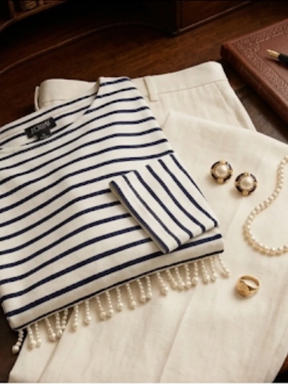 J. Crew Mariner Stripe Cropped Pearl Fringe Boatneck Top XS NWT - Picture 3 of 11